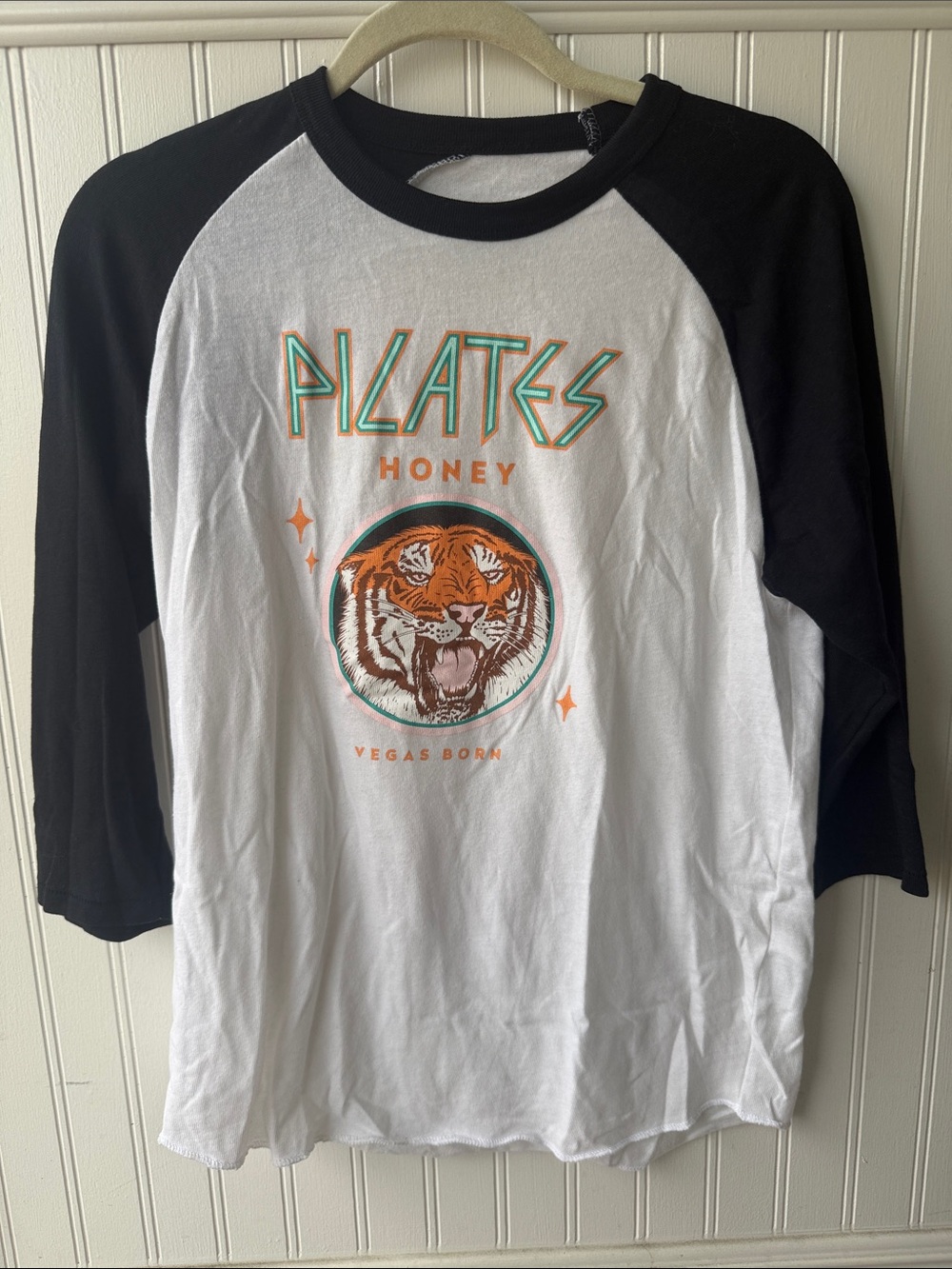 Pilates baseball T White & Black with Tiger Graphic